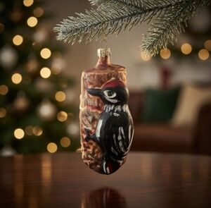 Vintage Glass Woodpecker on Tree Bark Christmas Ornament 2.75x5" VG